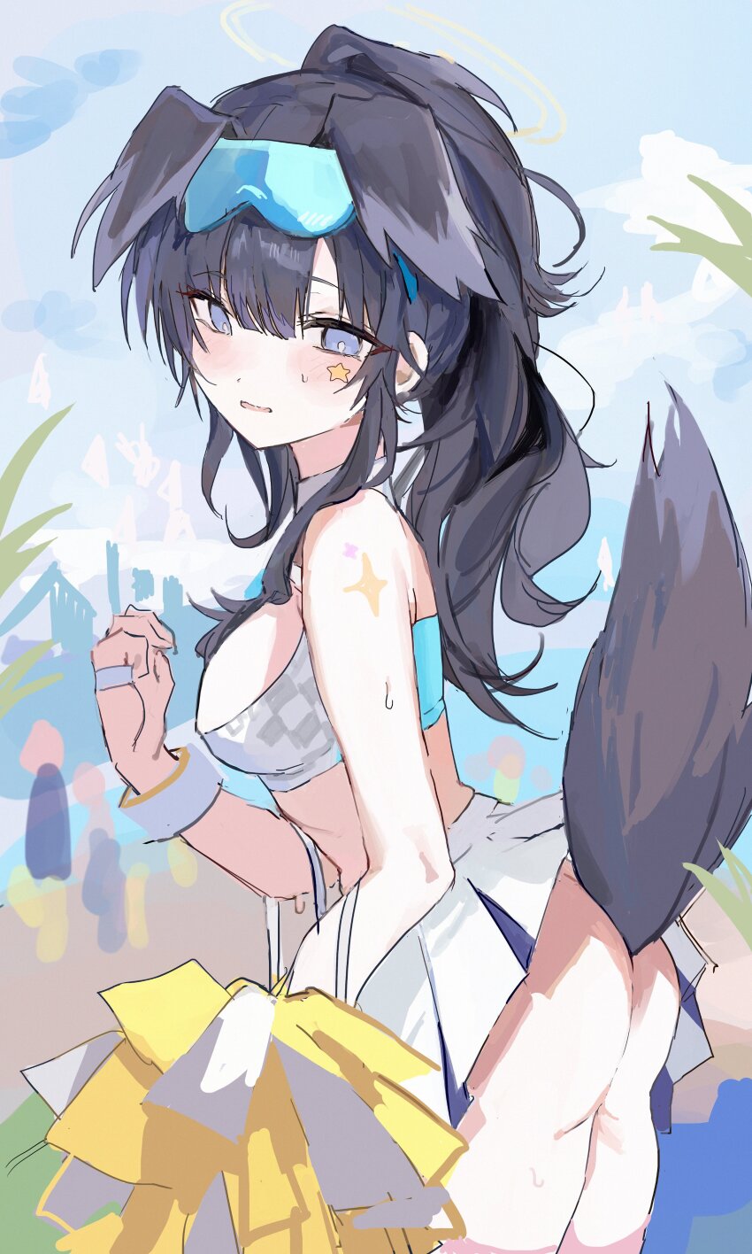 1girl absurdres animal_ears ass black_hair blue_archive blue_eyes blush breasts cheerleader dog_ears dog_girl dog_tail dress goggles goggles_on_head hibiki_(blue_archive) hibiki_(cheer_squad)_(blue_archive) highres holding long_hair medium_breasts no_panties pleated_dress pom_pom_(cheerleading) ponytail qqkkay sketch skirt solo star_sticker sticker_on_face sweat tail