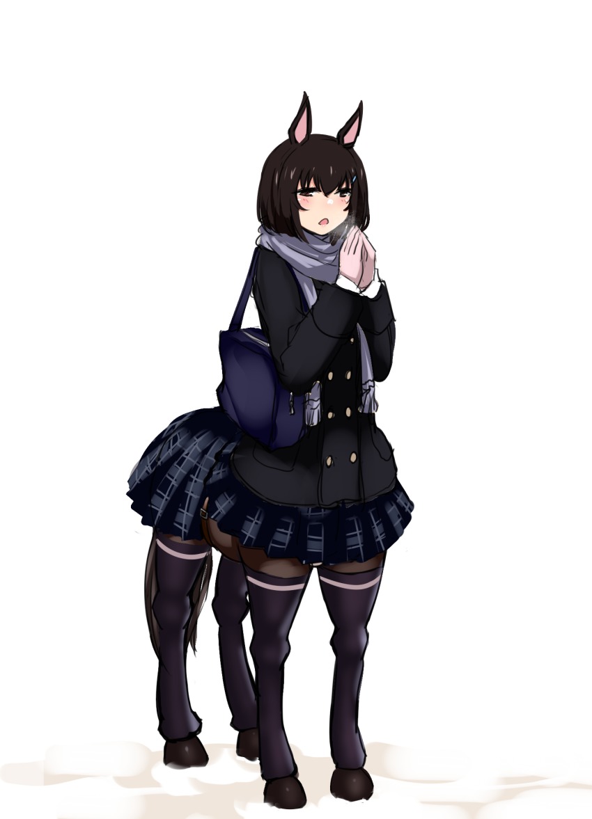 1girl animal_ears bag black_hair black_thighhighs brown_eyes centaur female_focus highres horse_ears hu_sea monster_girl original scarf school_bag school_uniform short_hair skirt solo taur thighhighs