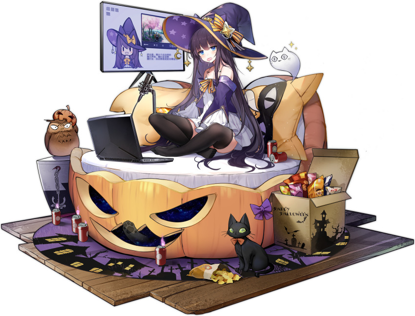 1girl azur_lane bird blue_eyes blush brown_hair candy computer eagle_union_(emblem) food halloween halloween_costume hat highres laptop long_hair long_island_(azur_lane) long_island_(long_island&#039;s_spooky_stream)_(azur_lane) looking_at_viewer microphone monitor off_shoulder official_alternate_costume official_art ootsuki_momiji open_mouth owl pumpkin pumpkin_hat solo very_long_hair witch witch_hat