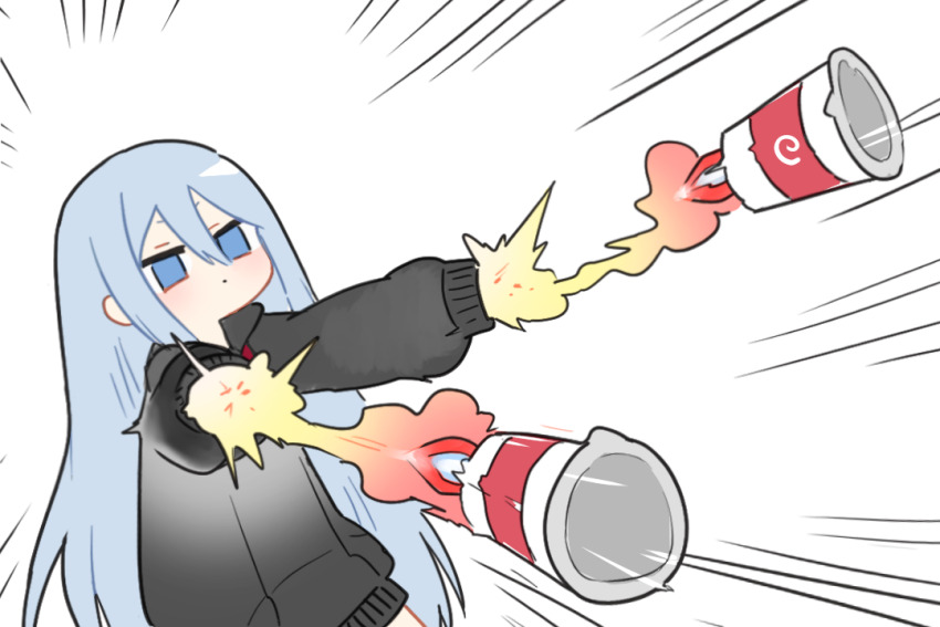 132_(bb32768) 1girl arm_cannon black_jacket blue_eyes blue_hair commentary cup_ramen dual_arm_cannons emphasis_lines firing hair_between_eyes jacket light_blue_hair long_hair long_sleeves muzzle_flash project_sekai sleeves_past_wrists solo standing very_long_hair weapon yoisaki_kanade