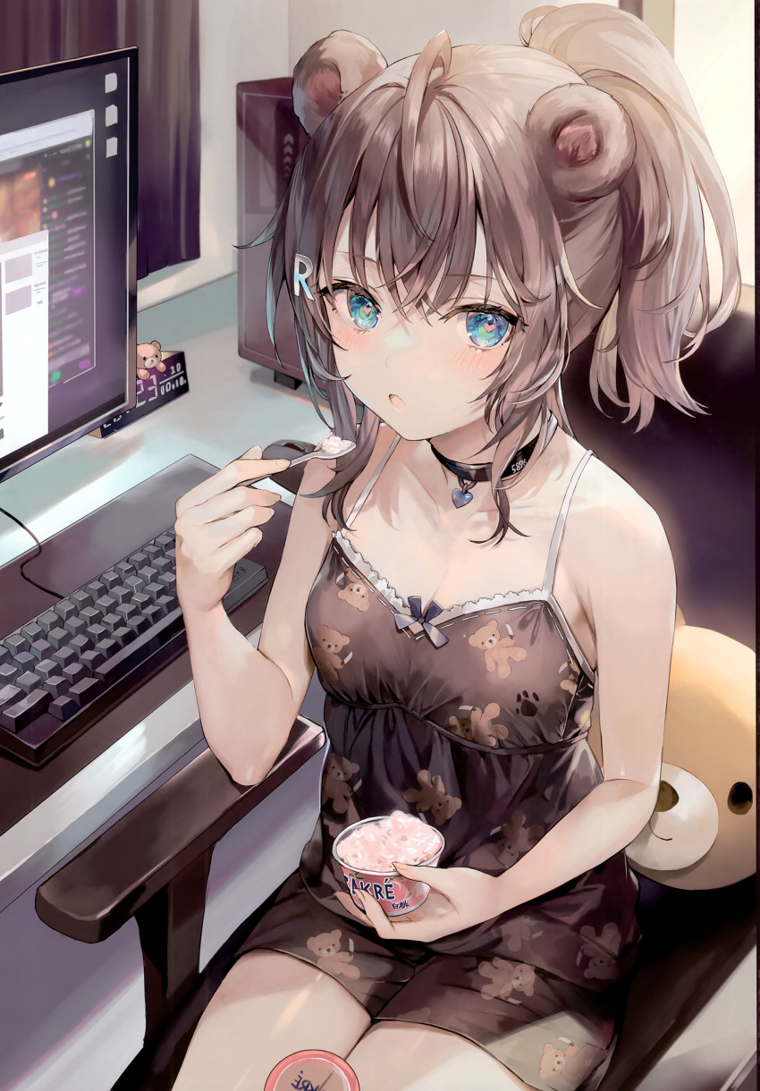 1girl :o absurdres ahoge animal_ears aru_(momoko) bare_arms bare_shoulders bear_ears black_choker black_shirt black_shorts blue_eyes breasts camisole chair choker clock collarbone computer cpu digital_clock food grey_hair hair_ornament heart heart-shaped_pupils highres holding holding_food holding_spoon ice_cream computer_keyboard letter_hair_ornament light_blush long_hair looking_at_viewer momoko_(momopoco) monitor computer_mouse office_chair open_mouth original ponytail scan segment_display shirt short_shorts shorts sitting sleeveless sleeveless_shirt small_breasts solo spaghetti_strap spoon swivel_chair symbol-shaped_pupils