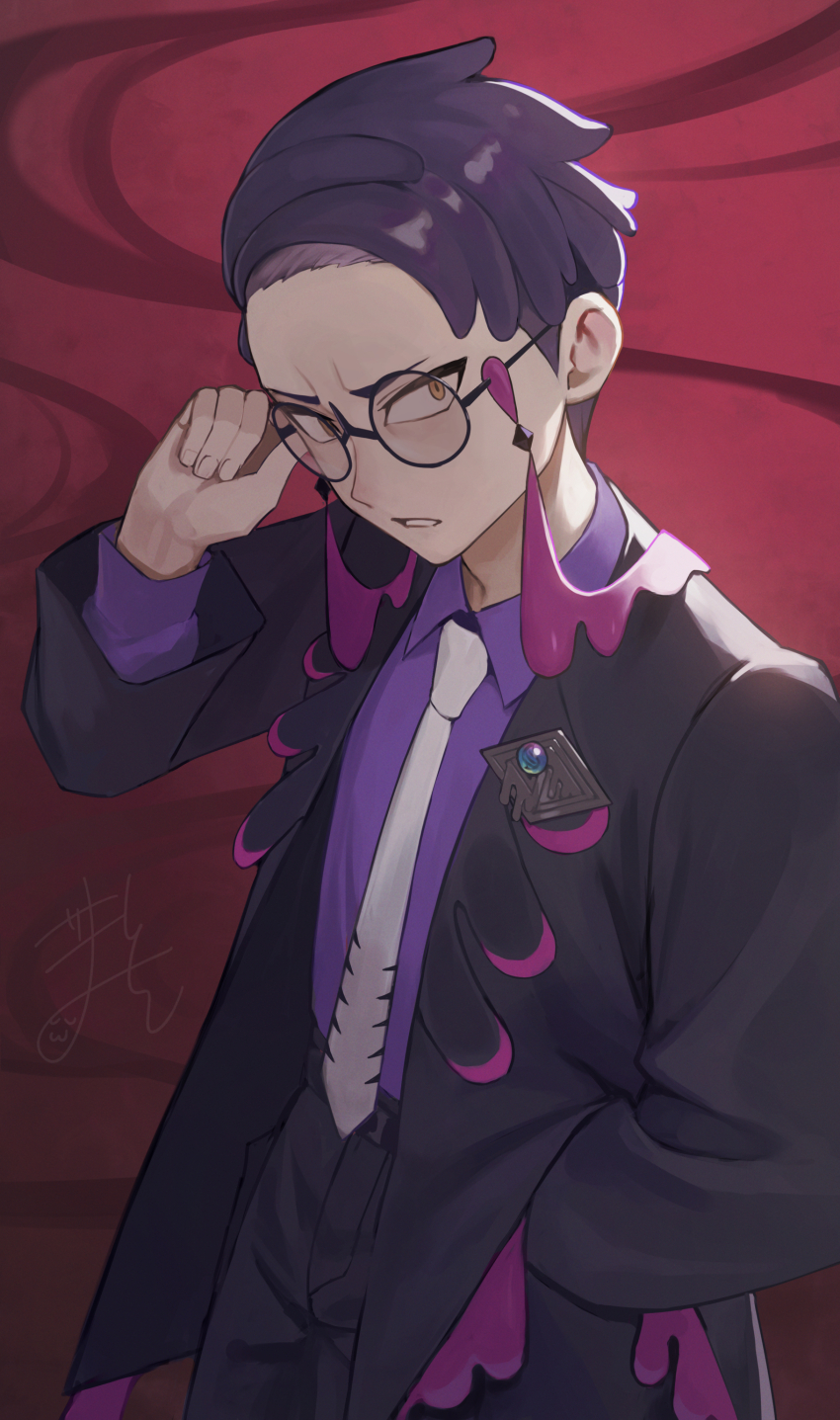 1boy absurdres adjusting_eyewear black-framed_eyewear black_hair black_jacket black_pants collared_shirt corbeau_(pokemon) eyewear_strap glasses gomashiwo_o hand_in_pocket highres jacket long_sleeves looking_at_viewer male_focus mega_stone necktie nintendo open_clothes open_jacket pants parted_hair parted_lips pokemon pokemon_legends:_z-a purple_hair purple_shirt round_eyewear shirt short_hair short_sideburns solo undercut white_necktie yellow_eyes