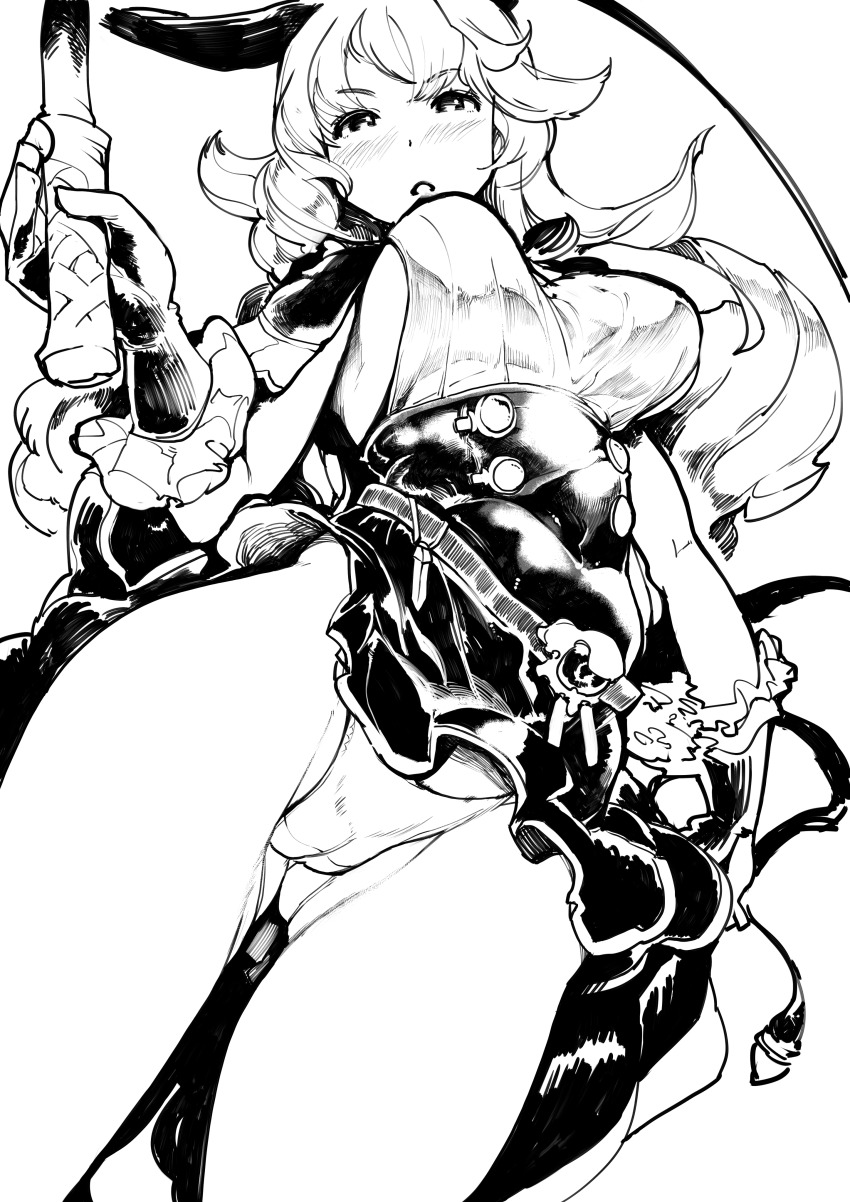 10s 1girl absurdres bad_id bad_pixiv_id erune female_focus ferry_(granblue_fantasy) granblue_fantasy greyscale highres long_hair monochrome panties pantyshot skirt solo topo_(bacchustab) topo_bevitore underwear upskirt