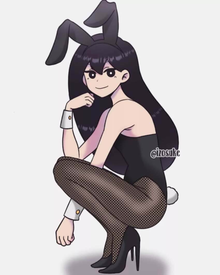 1girl animal_ears artist_name black_eyes black_hair black_leotard black_pantyhose black_shoes commentary english_commentary fake_animal_ears fake_tail fishnet_pantyhose fishnets from_side full_body high_heels highres izosuke leotard long_hair looking_at_viewer mari_(faraway)_(omori) mari_(omori) omori pantyhose rabbit_ears rabbit_tail shoes smile solo squatting strapless strapless_leotard tail wrist_cuffs