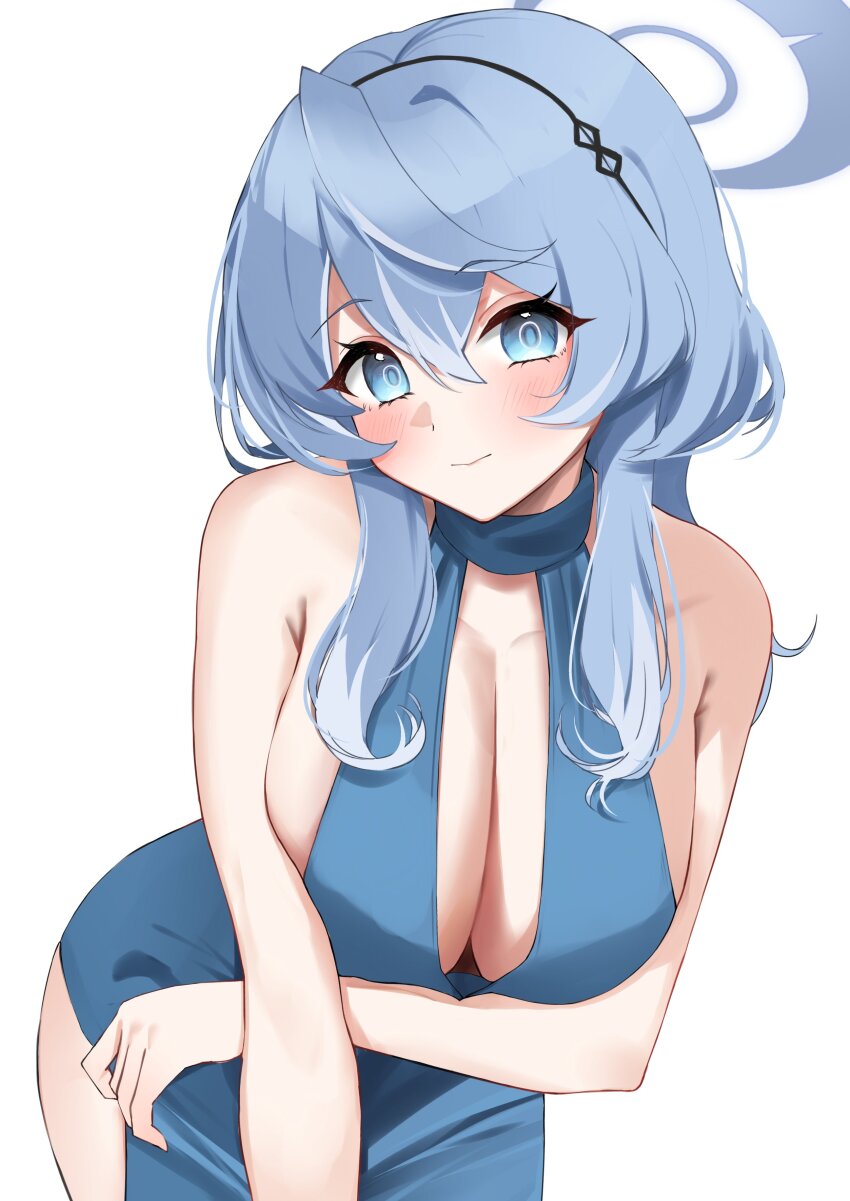 1girl absurdres ako_(blue_archive) ako_(dress)_(blue_archive) arm_under_breasts bare_arms bare_shoulders blue_archive blue_dress blue_eyes blue_hair blue_halo blush closed_mouth dress hairband halo highres leaning_forward looking_at_viewer medium_hair nemun_(tamizzz) no_bra official_alternate_costume simple_background sleeveless sleeveless_dress smile solo white_background