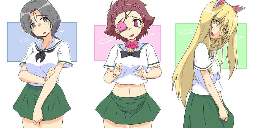 3girls animal_ears black_bow black_bowtie blonde_hair bow bowtie brown_eyes brown_hair cat_ears collar commentary detached_collar eyepatch fake_animal_ears flying_sweatdrops food freckles fruit girls_und_panzer grey_eyes grey_hair hair_pulled_back hair_tie hairband hand_on_own_arm highres long_hair looking_at_viewer low_ponytail microskirt midriff momogaa_(girls_und_panzer) multiple_girls navel nekonyaa_(girls_und_panzer) no_eyewear ooarai_school_uniform open_mouth peach pink_collar pink_hairband piyotan_(girls_und_panzer) ponytail renshiu school_uniform short_hair short_sleeves skirt smile standing