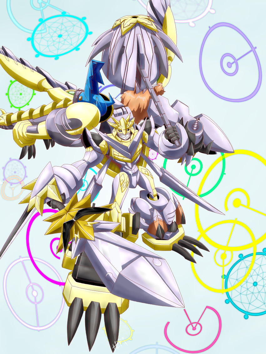 absurdres digimon digimon_(creature) fusion hammer highres looking_at_viewer oridigi original shoutmon_ex6 shoutmon_x7 solo sword weapon