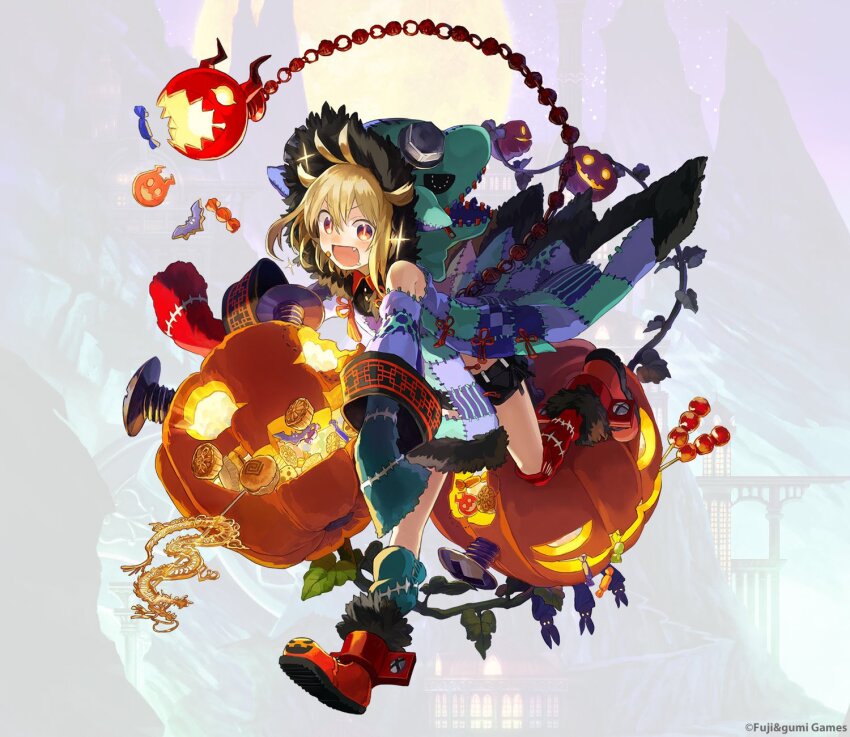 1girl ahoge bat_(animal) belt black_belt black_shirt black_shorts blonde_hair blurry blurry_background boots candy clothing_cutout collared_shirt commentary_request dango fang food full_body green_hood green_socks halloween halloween_costume highres hood hood_up jack-o&#039;-lantern looking_at_viewer mitarashi_dango official_alternate_costume official_art orange_boots orange_eyes phantom_of_the_kill red_socks second-party_source shirt shorts shoulder_cutout shu_(phantom_of_the_kill) socks solo wagashi watarubou