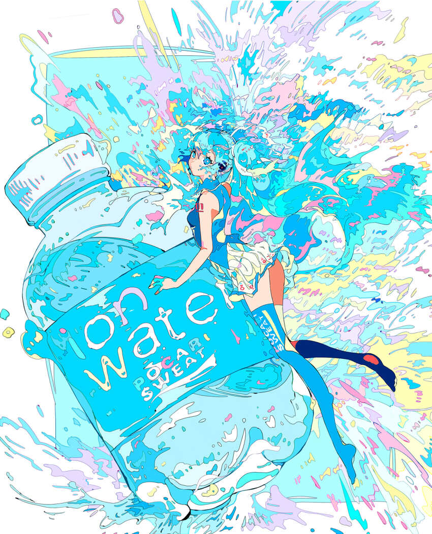 1girl absurdres blue_eyes hatsune_miku highres liquid_hair n79oqc3yja6jlof no_shoes pocari_sweat solo splashing thighhighs vocaloid water