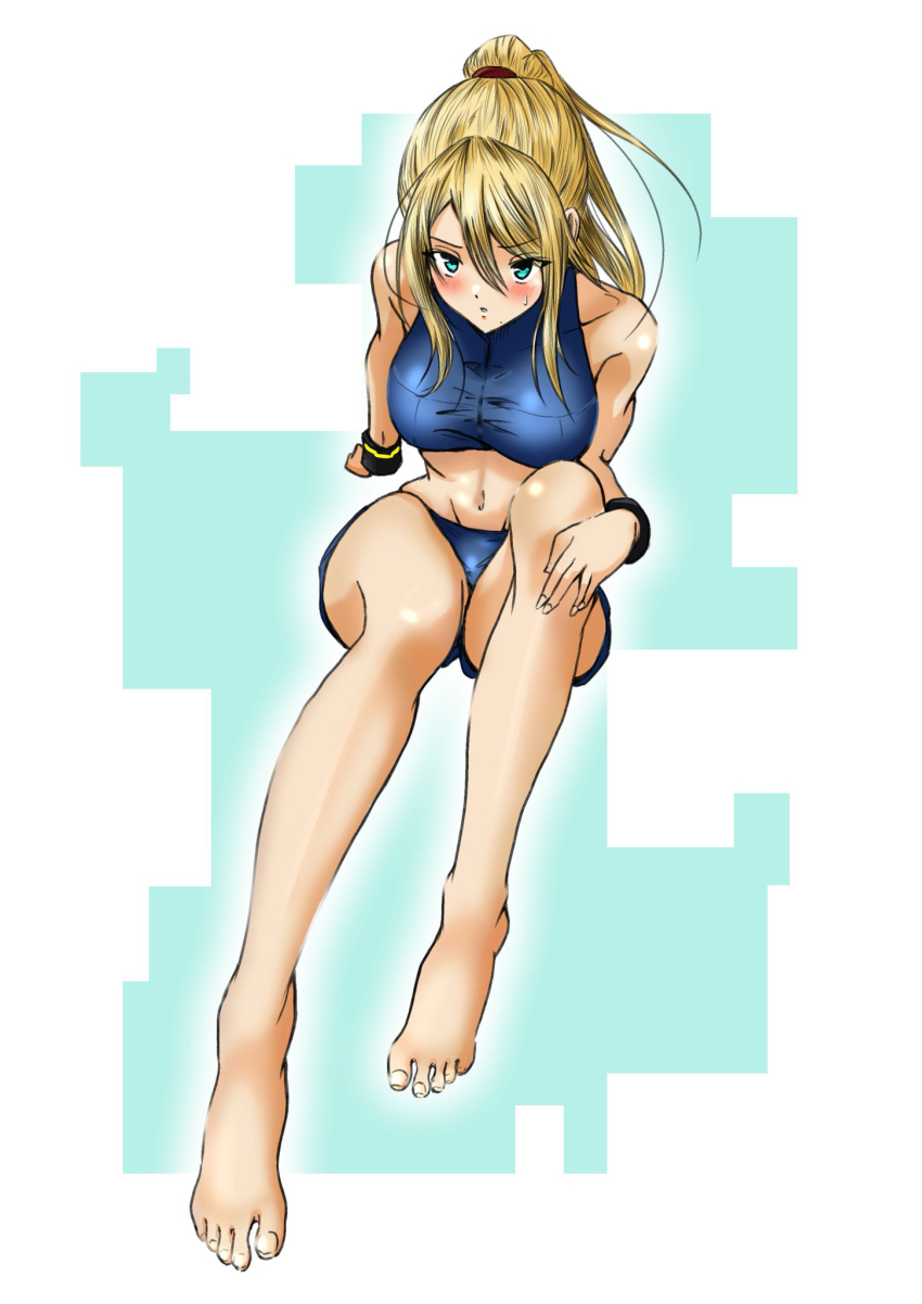 1girl armpits bare_arms bare_shoulders barefoot blonde_hair blue_eyes blue_shirt blue_shorts blush bracelet breasts collarbone crop_top embarrassed eyelashes feet female_focus fingernails full_body greek_toe groin hair_between_eyes high_ponytail highres jewelry large_breasts legs long_hair metroid midriff mole mole_under_mouth navel nintendo official_alternate_costume outstretched_legs ponytail samus_aran shirt short_shorts shorts sidelocks sitting super_smash_bros. sweatdrop swept_bangs thighs toenails toes turtleneck_crop_top unworn_footwear zinhass