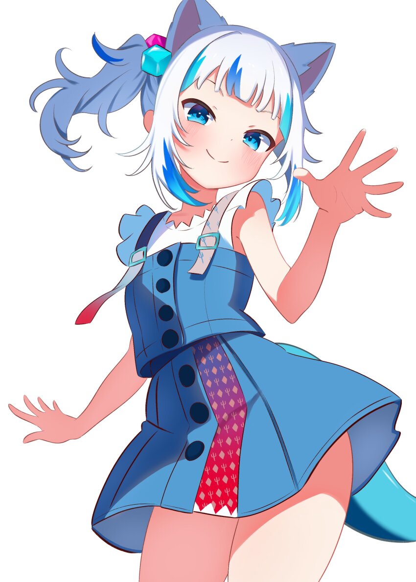 1girl absurdres animal_ears blue_eyes blue_hair blue_skirt cat_ears closed_mouth cube_hair_ornament extra_ears fins fish_tail gawr_gura gawr_gura_(casual) hair_ornament highres hololive hololive_english looking_at_viewer multicolored_hair official_alternate_costume ryu160303 shark_girl shark_tail side_ponytail simple_background skirt smile solo streaked_hair tail virtual_youtuber white_background white_hair