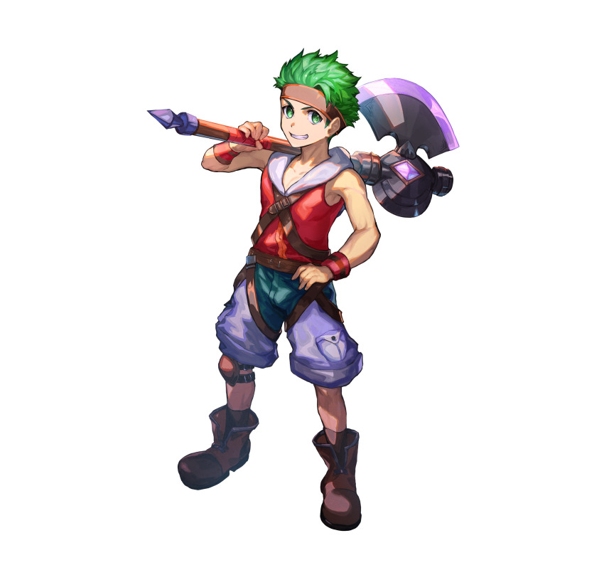 1boy absurdres aged_down axe boyd_(fire_emblem) boyd_(future_great)_(fire_emblem) child commentary_request fire_emblem fire_emblem:_path_of_radiance fire_emblem_heroes full_body green_eyes green_hair grin headband highres holding holding_axe holding_weapon hood hood_down hoodie knee_pads looking_at_viewer male_focus nijimaarc nintendo official_art over_shoulder short_hair simple_background single_knee_pad sleeveless sleeveless_hoodie smile solo weapon weapon_over_shoulder white_background wristband