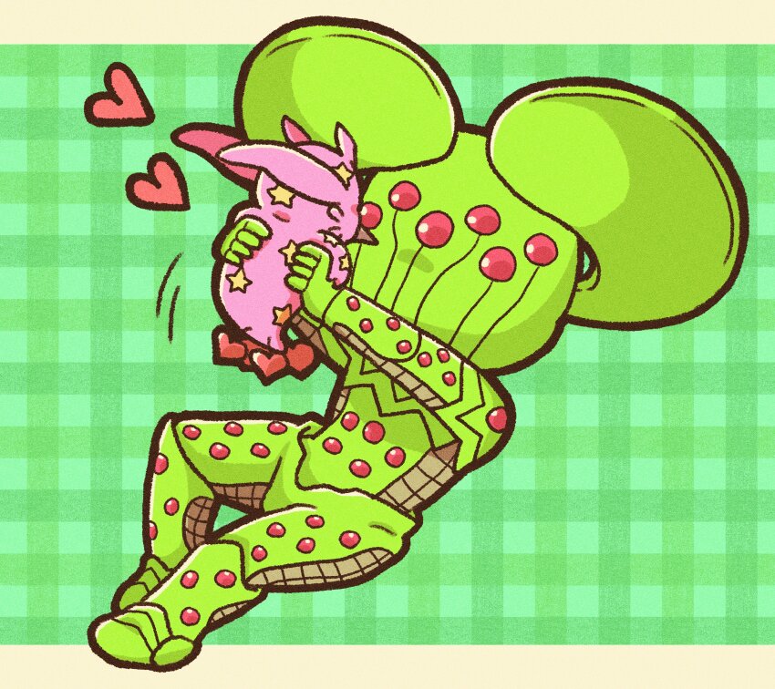 2others absurdres ball_breaker_(stand) chibi colored_skin commentary extra_eyes full_body green_background green_skin heart highres holding humanoid_robot jojo_no_kimyou_na_bouken m_a_a_m_8 motion_lines multiple_others no_humans other_focus pink_skin plaid_background red_eyes robot stand_(jojo) star_(symbol) star_print steel_ball_run tusk_(stand) tusk_act1