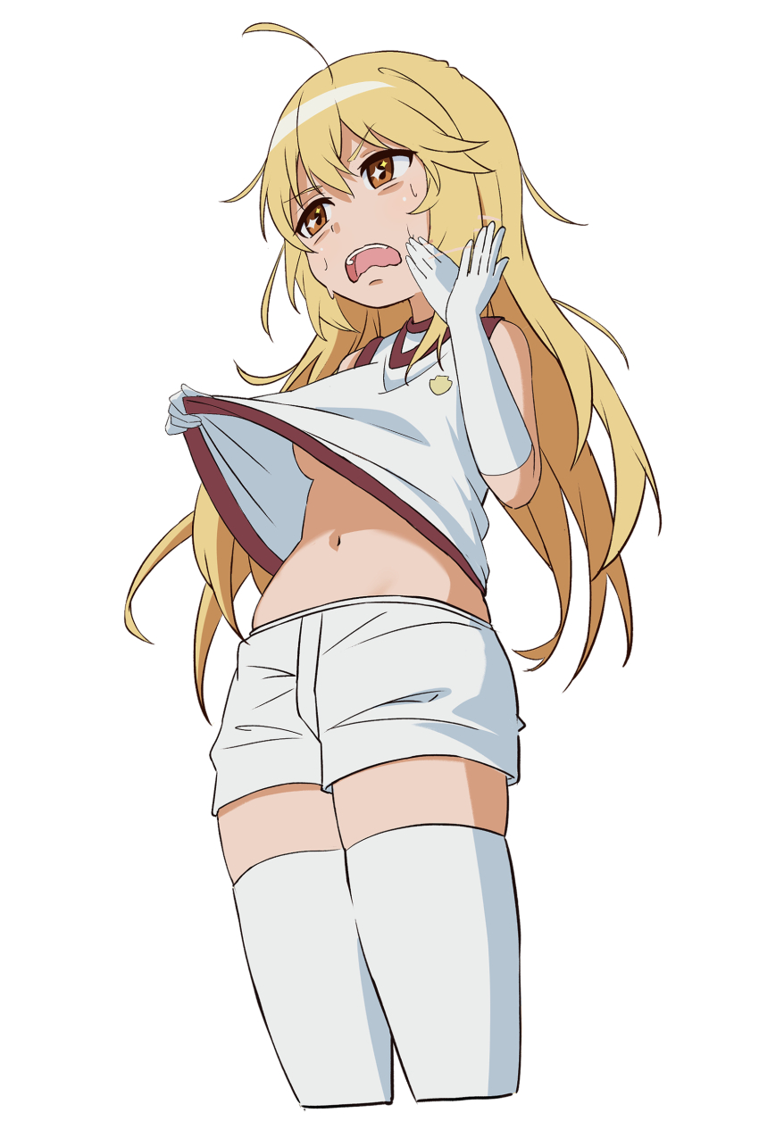 1girl :q absurdres blonde_hair breasts brown_eyes clothes_lift elbow_gloves gloves gym_shirt gym_shorts gym_uniform highres lifting_own_clothes long_hair looking_at_viewer navel pension_z shirt shirt_lift shokuhou_misaki shorts sleeveless sleeveless_shirt sweat symbol-shaped_pupils thighhighs toaru_kagaku_no_mental_out toaru_kagaku_no_railgun toaru_majutsu_no_index tokiwadai_school_gym_uniform tongue tongue_out white_gloves white_shirt white_shorts white_thighhighs