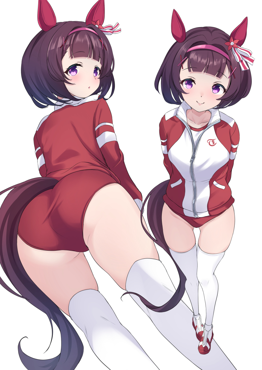 1girl absurdres animal_ears ass brown_hair buruma closed_mouth commentary_request from_behind hairband highres horse_ears horse_girl horse_tail jacket looking_at_viewer maimuu nishino_flower_(umamusume) pink_hairband purple_eyes red_buruma simple_background smile tail thighhighs tracen_training_uniform track_jacket umamusume white_background white_thighhighs