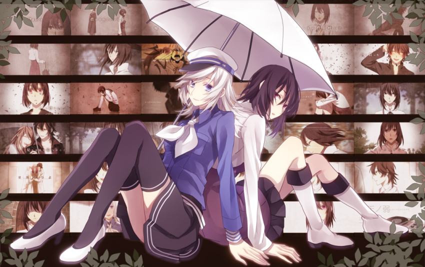 1boy 3girls ama_no_jaku_(vocaloid) back-to-back bad_id bad_pixiv_id black_legwear blue_eyes bridal_veil dress formal_clothes hat jack_amano multiple_girls purple_eyes purple_hair ribbon sitting smile suit thighhighs umbrella veil vocaloid wedding_dress white_hair yuzuki_karu