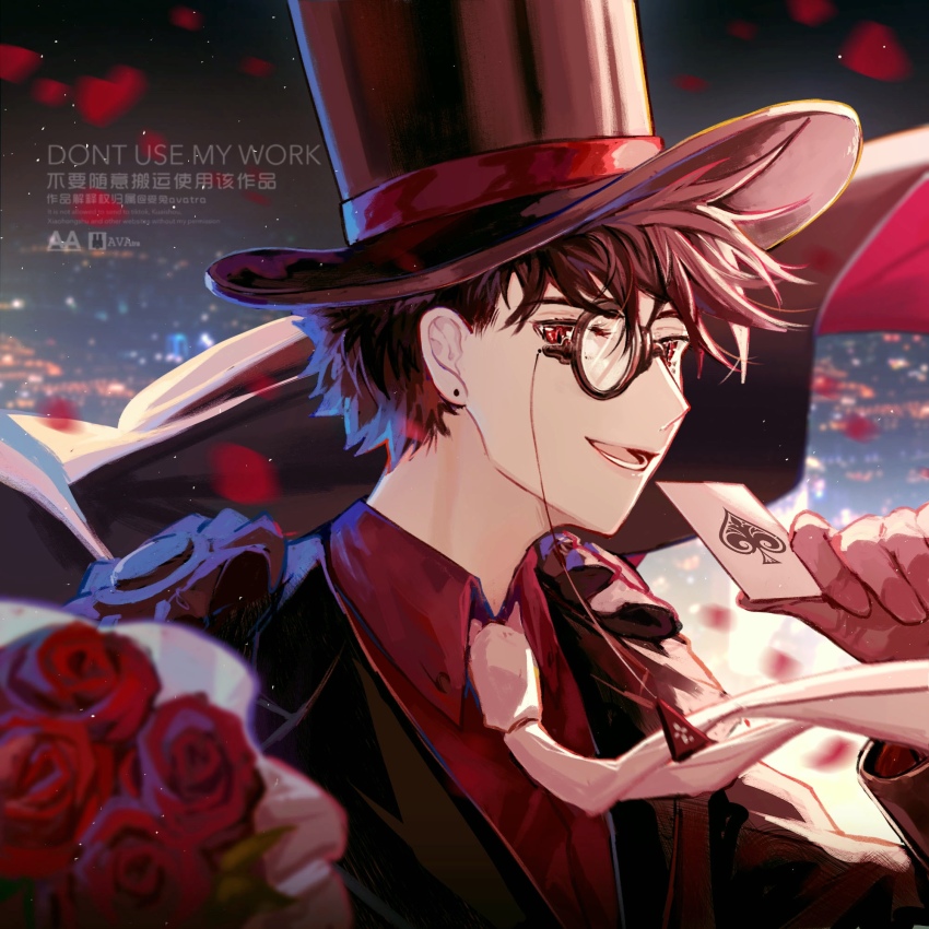 1boy :d ace_(playing_card) ace_of_spades alternate_color avatra black_cape black_hair black_hat black_jacket blazer bouquet cape card closed_mouth collared_shirt flower hat hat_ribbon highres holding holding_card jacket kaitou_kid long_sleeves looking_at_viewer magic_kaito male_focus meitantei_conan monocle necktie open_mouth petals playing_card red_eyes red_ribbon red_shirt ribbon shirt short_hair smile solo spade_(shape) top_hat upper_body watermark white_necktie