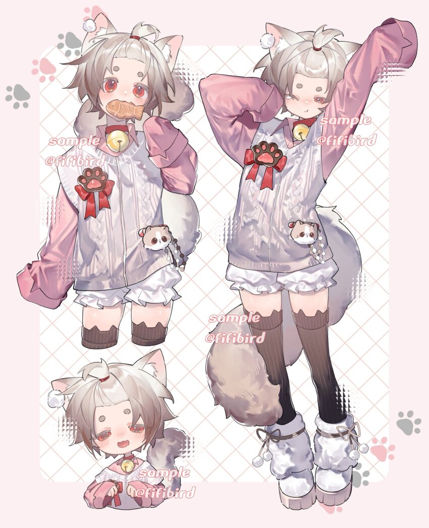 1boy animal_ear_fluff animal_ear_legwear animal_ears bangs_pinned_back bell black_thighhighs boots brown_hair cat_ear_legwear cat_ears cat_tail charm_(object) chibi chibi_inset choker collared_shirt cowboy_shot fifibird food food_in_mouth frilled_shorts frills full_body gradient_hair grey_hair hand_up hands_up highres long_sleeves loose_hair_strand male_focus multicolored_hair neck_bell original pink_shirt red_choker red_eyes round_eyebrows shirt short_shorts shorts sleeves_past_wrists stretching sweater_vest tail taiyaki thighhighs trap wagashi white_boots white_sweater_vest zettai_ryouiki