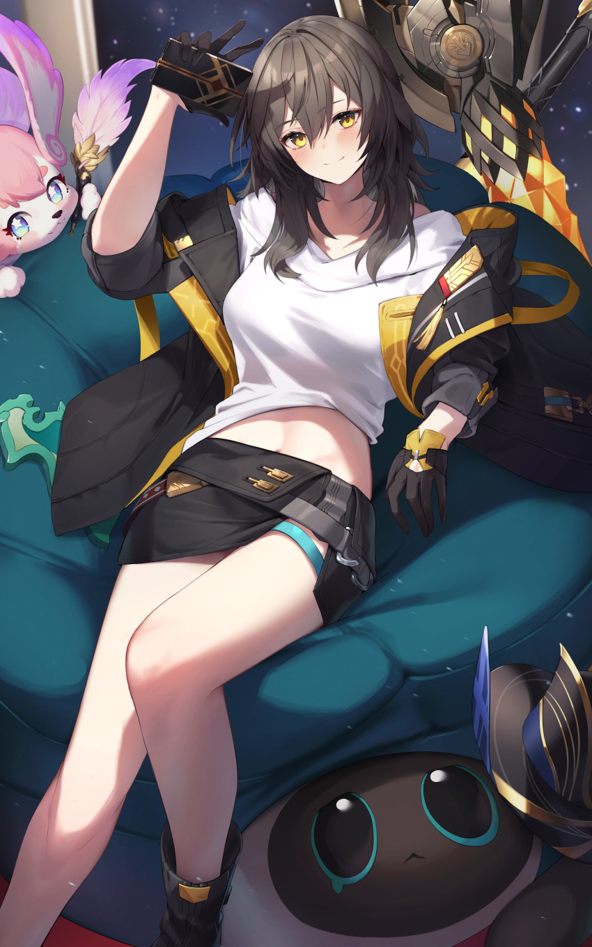 1girl absurdres black_boots black_gloves black_jacket black_skirt boots breasts commentary_request commission critter_pick_(honkai:_star_rail) e_buki gloves grey_hair highres holding holding_phone honkai:_star_rail honkai_(series) jacket legs long_hair looking_at_viewer lying medium_breasts mem_(honkai:_star_rail) midriff_peek miniskirt phone pixiv_commission shirt skirt smile stelle_(honkai:_star_rail) thigh_strap trailblazer_(honkai:_star_rail) white_shirt yellow_eyes