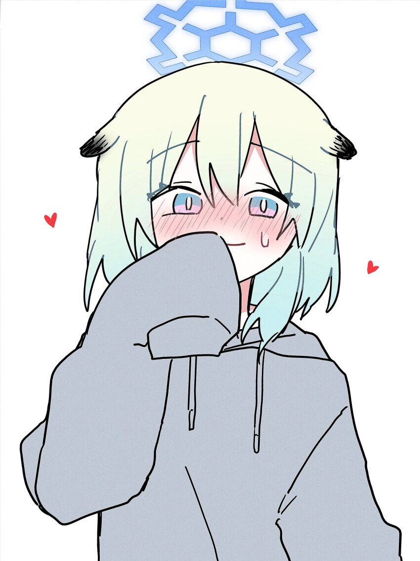 1girl absurdres animal_ears blue_archive blush closed_mouth green_hair grey_hoodie hair_between_eyes halo heart highres hood hood_down hoodie long_sleeves looking_at_viewer medium_hair multicolored_eyes purple_eyes shigure_(blue_archive) simple_background sleeves_past_fingers sleeves_past_wrists smile solo sweatdrop tamago_bororo upper_body weasel_ears white_background