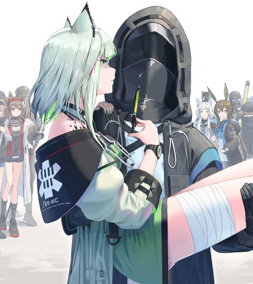 1other 2boys 6+girls ambiguous_gender amiya_(arknights) angelina_(arknights) animal_ears arknights ascot bandaged_leg bandages black_footwear black_gloves black_headwear black_jacket black_shirt black_shorts black_socks blue_ascot blue_eyes brown_hair carrying cat_ears cat_girl coat colored_inner_hair commentary_request doctor_(arknights) dress fox_ears gloves goggles green_dress green_eyes green_hair green_nails hair_over_eyes hairband hand_on_another&#039;s_shoulder helmet highres holding holding_staff holding_syringe hood hood_down hood_up hooded_jacket jacket jewelry kal&#039;tsit_(arknights) looking_at_another material_growth multicolored_hair multiple_boys multiple_girls multiple_rings open_clothes open_jacket oripathy_lesion_(arknights) partially_shaded_face pi_(p77777778) pink_hair princess_carry rabbit_ears rabbit_girl red_eyes red_hairband red_jacket reserve_operator_caster_(arknights) reserve_operator_logistics_(arknights) reserve_operator_melee_(arknights) reserve_operator_sniper_(arknights) rhodes_island_medic_(arknights) ring rosmontis_(arknights) shirt shorts socks sparkle staff stethoscope sweatdrop syringe twintails watch white_background white_coat white_hair wristwatch