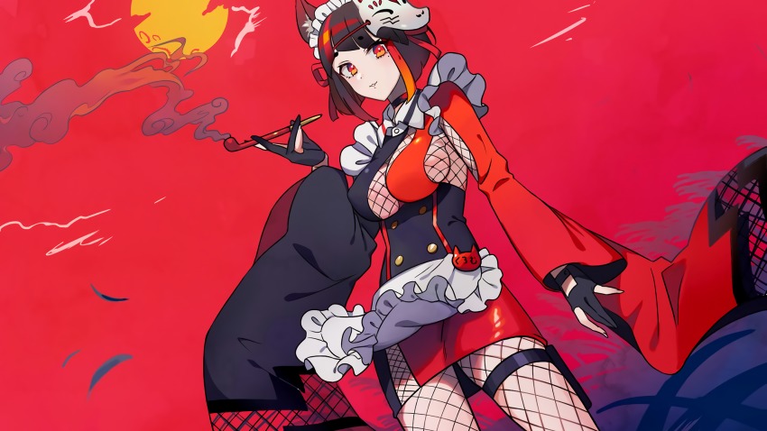1girl animal_ear_fluff animal_ears animare apron black_hair blunt_bangs breasts dutch_angle female_focus fishnet_legwear fishnet_top fishnets fox_ears frills furisode gloves highres holding holding_smoking_pipe inari_kuromu japanese_clothes kimono large_breasts long_sleeves looking_at_viewer multicolored_hair nanashi_inc. outdoors partially_fingerless_gloves red_eyes red_hair red_sky short_hair sideboob sky smoke smoking_pipe solo standing streaked_hair thighs virtual_youtuber waist_apron yuura