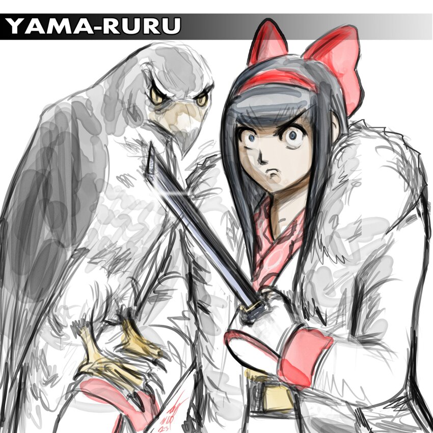 1girl ainu_clothes angry black_hair blue_eyes breasts coat constricted_pupils cosplay fingerless_gloves gloves hair_ribbon highres looking_at_viewer mamahaha nakoruru ribbon samurai_spirits small_breasts snk solo the_king_of_fighters the_king_of_fighters_xiv weapon wide-eyed yamazaki_ryuuji