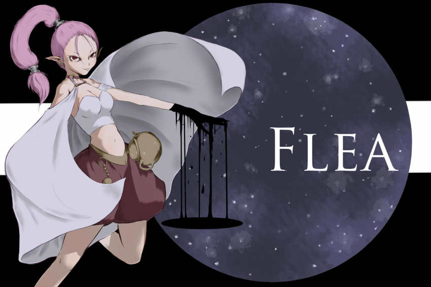 1990s_(style) 1boy blush braid breasts cape chrono_(series) chrono_trigger cleavage earrings flea_(chrono_trigger) gloves jewelry long_hair male_focus male_with_breasts multi-tied_hair no_legwear pink_hair pointy_ears ponytail red_hair retro_artstyle single_braid solo square_enix trap wed37927