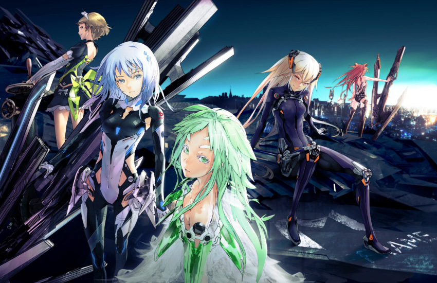 10s 5girls aqua_hair bare_shoulders beatless blonde_hair blue_eyes blue_hair bodysuit breasts brown_eyes brown_hair cityscape eyebrows green_eyes green_hair highres huge_weapon kouka_(beatless) lacia leicia long_hair looking_at_viewer looking_back mariage md5_mismatch methode_(beatless) multiple_girls red_eyes red_hair redjuice resized resolution_mismatch saturnus short_hair small_breasts smile snowdrop_(beatless) source_smaller sword upscaled weapon