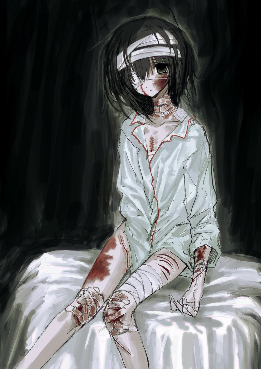 1girl absurdres bandaged_head bandaged_leg bandages bandaid bandaid_on_knee bandaid_on_leg bandaid_on_neck black_hair blood bruise collarbone expressionless eyepatch green_eyes highres injury medium_hair naked_shirt original pale_skin scrape scratches shirt sitting solo stitches torichikushou white_shirt