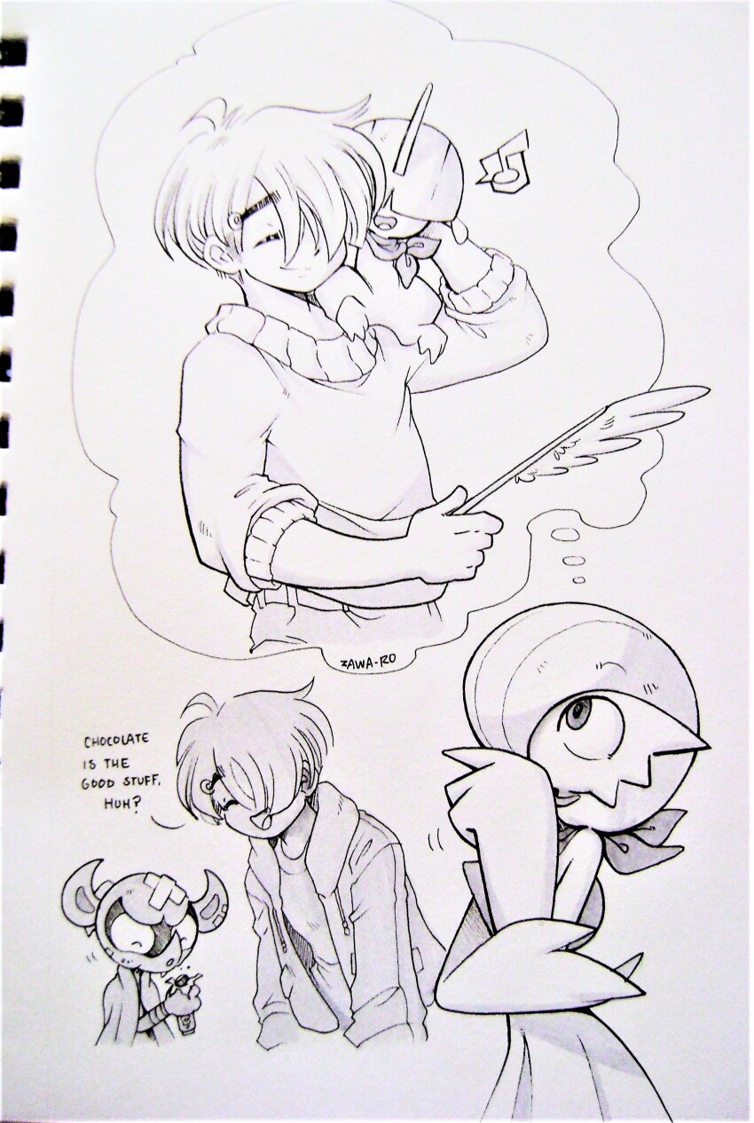 1boy absurdres bob_cut bowl_cut cat_teaser gardevoir gen_3_pokemon gen_8_pokemon highres impidimp jacket musical_note nintendo photo_(medium) pokemon pokemon_(creature) ralts scarf speech_bubble superiordutchsauce sweater thought_bubble traditional_media