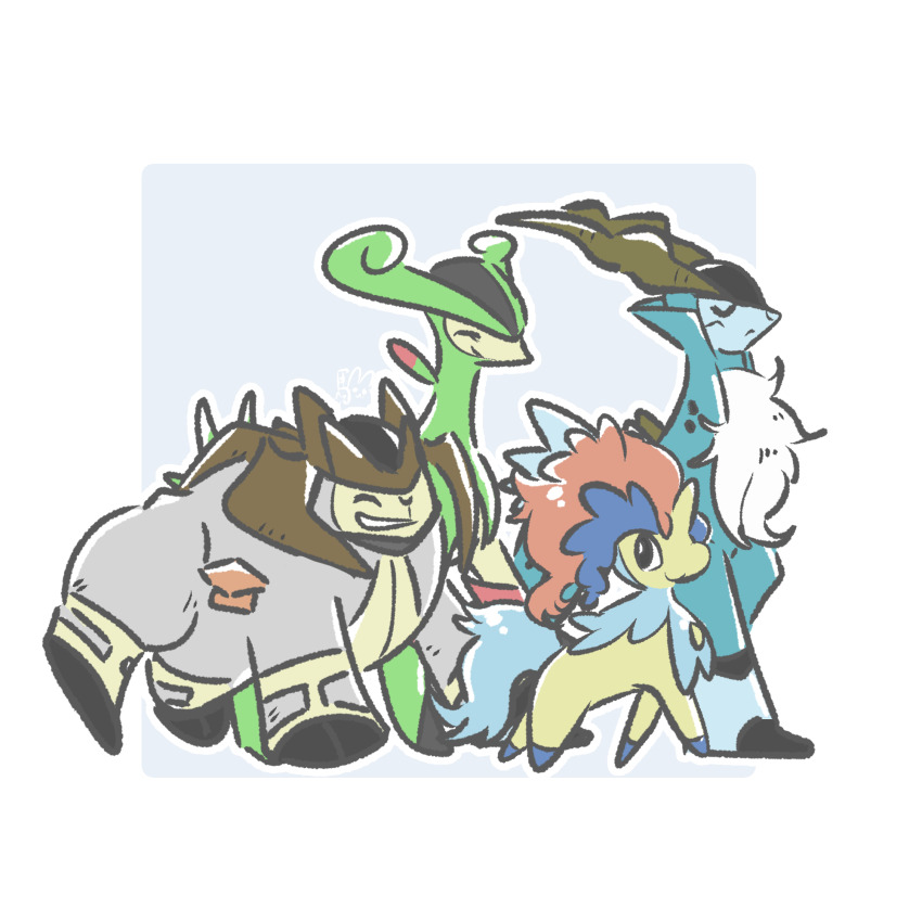 :&lt; artist_request chibi closed_eyes cobalion full_body gen_5_pokemon happy highres horns keldeo keldeo_(ordinary) legendary_pokemon looking_at_another looking_at_viewer mythical_pokemon nintendo no_humans pokemon pokemon_(creature) smile standing terrakion virizion white_fur yellow_eyes