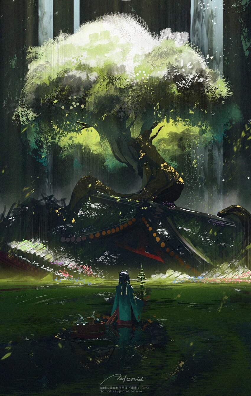 abandoned absurdres architecture artist_name asteroid_ill black_hair building dappled_sunlight east_asian_architecture facing_ahead falling_leaves flower green_flower headband highres holding holding_staff japanese_clothes leaf long_hair montsuki moss nature original plant plant_roots ponytail purple_flower red_flower reflection reflective_water ruins scenery shakujou sheath sheathed solo staff sunlight tree water waterfall watermark weapon