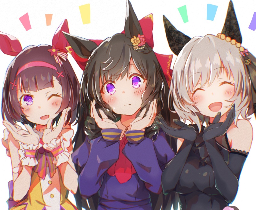 3girls ;d ^_^ animal_ears black_dress black_gloves black_hair bow closed_eyes curren_chan_(sakutsuki_ma_cherie)_(umamusume) curren_chan_(umamusume) daiichi_ruby_(umamusume) dress drill_hair ear_covers ear_ornament elbow_gloves facing_viewer gloves grey_hair hair_bow hair_ornament hairband highres horse_ears horse_girl impossible_clothes impossible_dress long_hair looking_at_viewer multiple_girls nishino_flower_(umamusume) one_eye_closed open_mouth pink_hairband purple_eyes red_bow rinrin_(927413) short_hair sleeveless sleeveless_dress smile umamusume upper_body x_hair_ornament