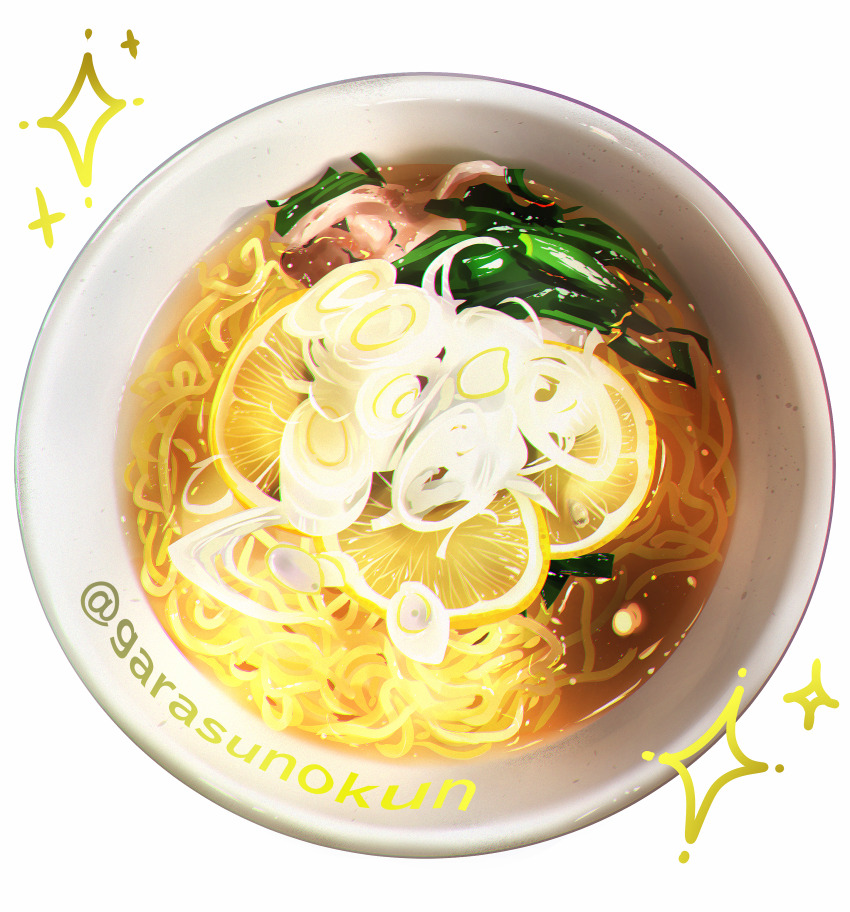 absurdres bowl chopped_spring_onion food food_focus fruit highres lemon no_humans noodles original ramen ruri-urasue-1224 still_life twitter_username white_background