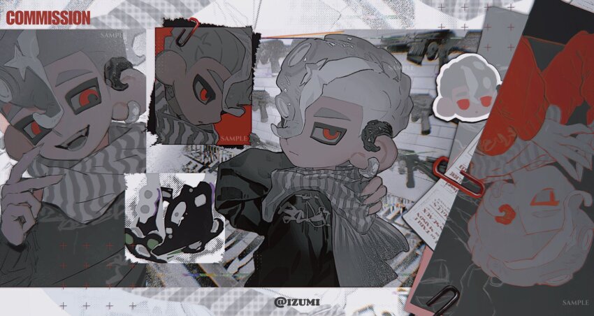 1boy adjusting_scarf arm_up artist_name black_sweater chibi chibi_inset closed_mouth commission earrings expressionless fangs from_side grey_hair gun hair_over_one_eye half-closed_eyes highres izumi_087 jewelry male_focus mohawk nintendo octoling octoling_boy octoling_player_character one_eye_covered open_mouth paperclip parted_lips red_eyes red_sweater sample_watermark scarf short_hair single_earring solo splatoon_(series) steepled_fingers striped_clothes striped_scarf suction_cups sweater tentacle_hair tetra_dualies_(splatoon) thick_eyebrows upside-down watermark weapon