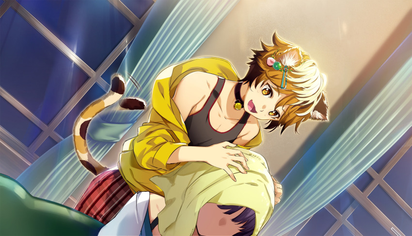 1boy 1girl animal_ear_fluff animal_ears bell black_bow black_choker black_tank_top blonde_hair bow brown_hair cat_boy cat_ears cat_tail choker curtains dill_(nekopara_-_catboys_paradise) faceless faceless_female fluffy_hair food fruit g_yuusuke game_cg grin hair_ornament hairclip hands_on_another&#039;s_head hands_up highres indoors jacket long_sleeves looking_at_another looking_down mc_(nekopara_-_catboys_paradise) multicolored_tail neck_bell nekopara_-_catboys_paradise nekopara_catboys_paradise night non-web_source official_art open_clothes open_jacket open_mouth orange_hair pants purple_hair red_pants short_hair sitting sliced sliced_fruit smile spots spotted_fur spotted_tail standing strawberry striped_clothes striped_pants tail tail_wagging tank_top towel towel_on_head window yellow_eyes yellow_jacket