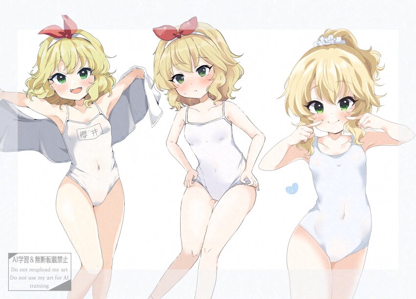 absurdres adjusting_clothes adjusting_swimsuit bare_shoulders blonde_hair blush border bow closed_mouth collarbone covered_navel cowboy_shot green_eyes hair_ornament hair_scrunchie hairband hand_on_own_cheek hand_on_own_face heart highres idolmaster idolmaster_cinderella_girls lips multiple_views name_tag one-piece_swimsuit open_mouth open_towel outstretched_arms pink_lips ponytail red_bow remiri_nicoeli sakurai_momoka scrunchie short_hair smile standing sweat swept_bangs swimsuit teeth thighs towel transparent_border upper_teeth_only watermark white_hairband white_one-piece_swimsuit white_scrunchie