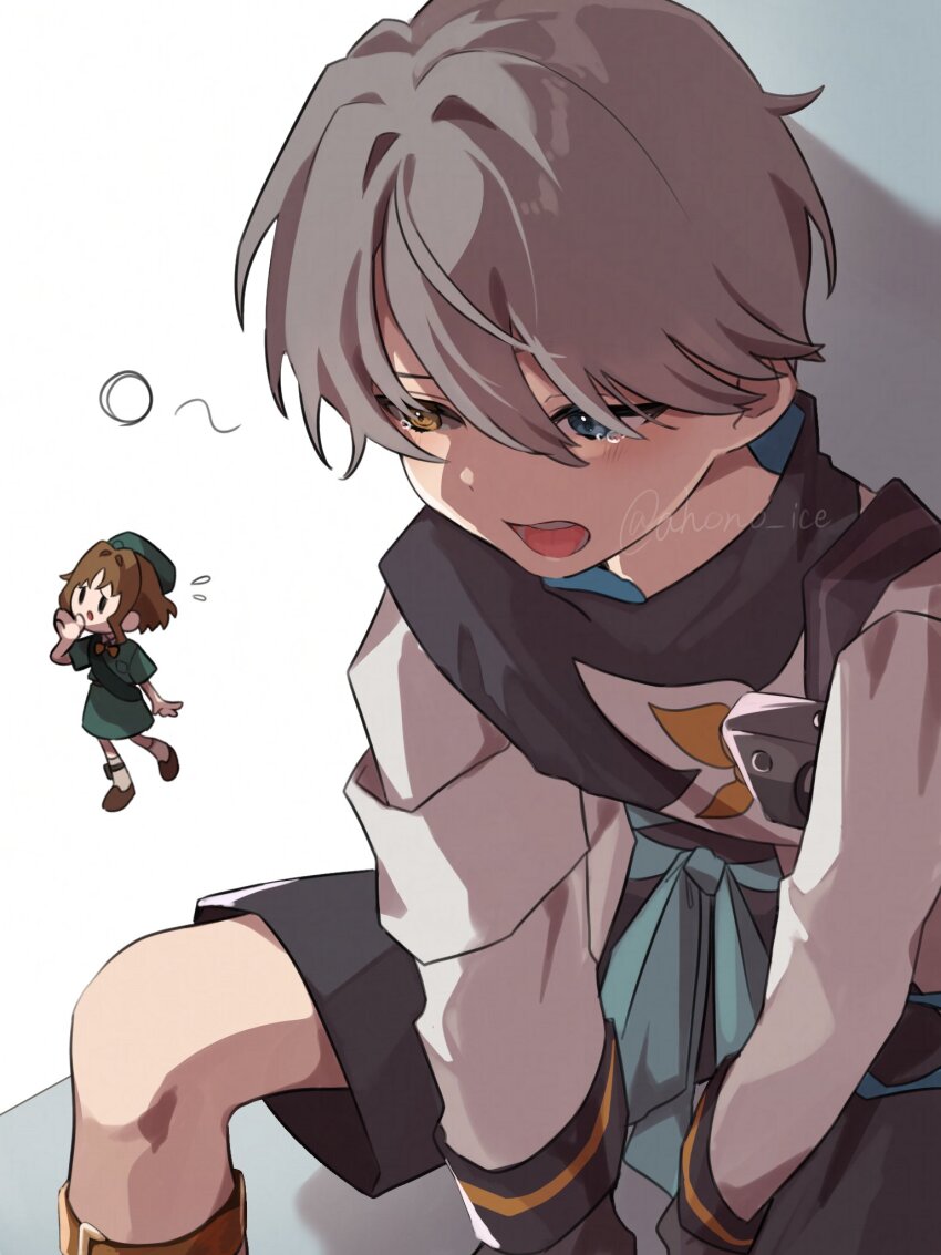 1boy 1girl aisu_(ahono_ice) beret black_shorts blue_eyes brown_hair brown_shoes chibi chibi_inset coat colored_sclera dress eagle_(reverse:1999) feet_out_of_frame from_above green_dress green_hat green_sash grey_hair grey_sclera hand_up hat heterochromia highres mismatched_sclera open_mouth reverse:1999 sash shoes short_hair short_sleeves shorts shoulder_sash sitting socks squeans tearing_up walking white_coat white_socks x_(reverse:1999) yawning yellow_eyes