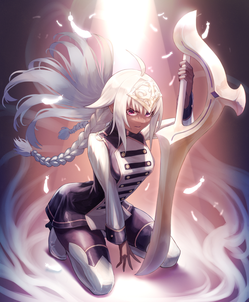 1girl ahoge black_skirt boots braid breasts dark-skinned_female dark_skin fate/grand_order fate_(series) feathers harnetyss highres holding holding_sword holding_weapon huge_weapon indian kneeling lakshmibai_(fate) long_hair looking_at_viewer medium_breasts purple_eyes skirt solo sword thigh_boots weapon white_boots white_hair white_sleeves