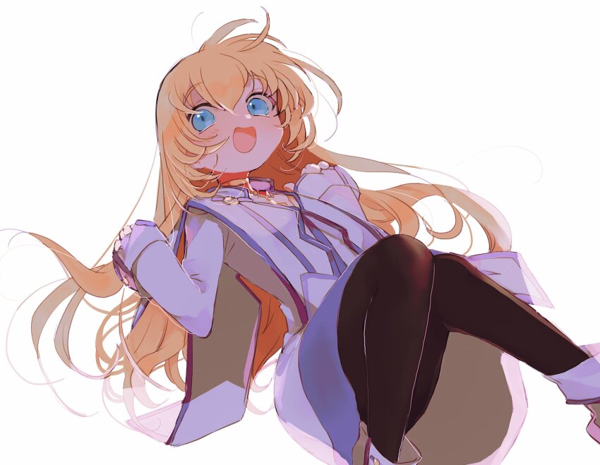 1girl absurdres black_pantyhose blonde_hair blue_eyes boots colette_brunel crossed_bangs feet_out_of_frame hair_between_eyes hands_up highres jewelry knees_up light_blush long_hair long_sleeves looking_at_viewer nancykittyu neck_ring necklace open_mouth pantyhose robe smile solo tales_of_(series) tales_of_symphonia white_background white_boots white_robe