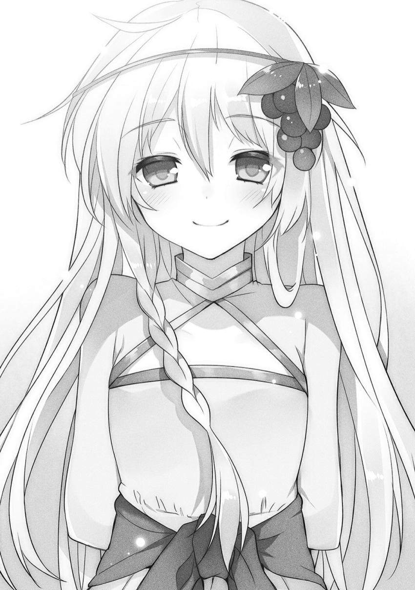 1girl ahoge blush braid breasts cleavage_cutout closed_mouth clothing_cutout dress food food-themed_hair_ornament fruit fruit_hair_ornament grape_hair_ornament grapes greyscale hair_between_eyes hair_ornament half-closed_eyes highres iris_(konosuba) kono_subarashii_sekai_ni_shukufuku_wo! long_dress long_hair long_sleeves looking_at_viewer mishima_kurone monochrome non-web_source novel_illustration official_art sash side_braid simple_background small_breasts smile solo standing upper_body