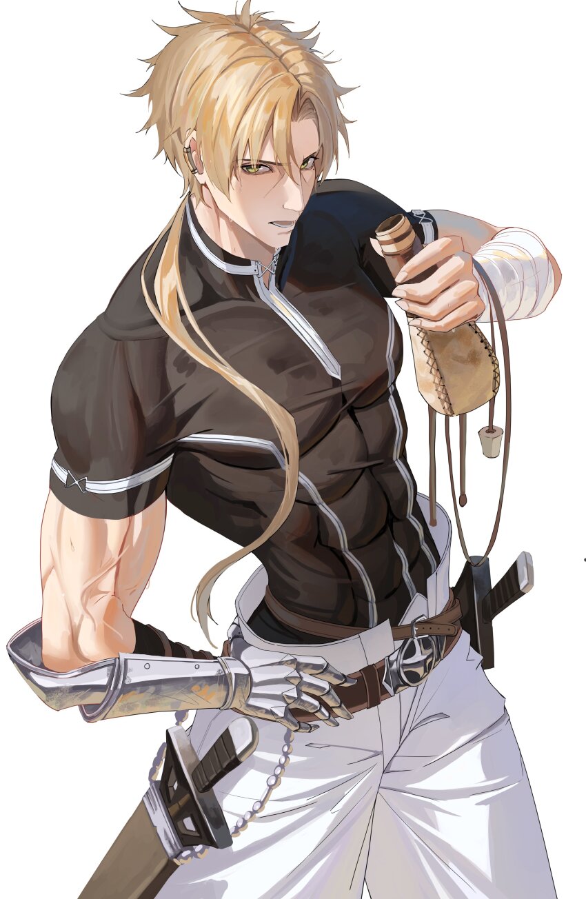 1boy abs absurdres bandaged_arm bandages belt black_shirt blonde_hair dual_wielding ear_piercing feet_out_of_frame gauntlets green_eyes highres holding holding_canteen lower_teeth_only male_focus mushoku_tensei open_mouth pants paul_greyrat pectorals piercing ponytail rasipan scabbard sheath sheathed shirt short_hair simple_background single_gauntlet solo sweat sword teeth toned toned_male weapon white_background white_pants