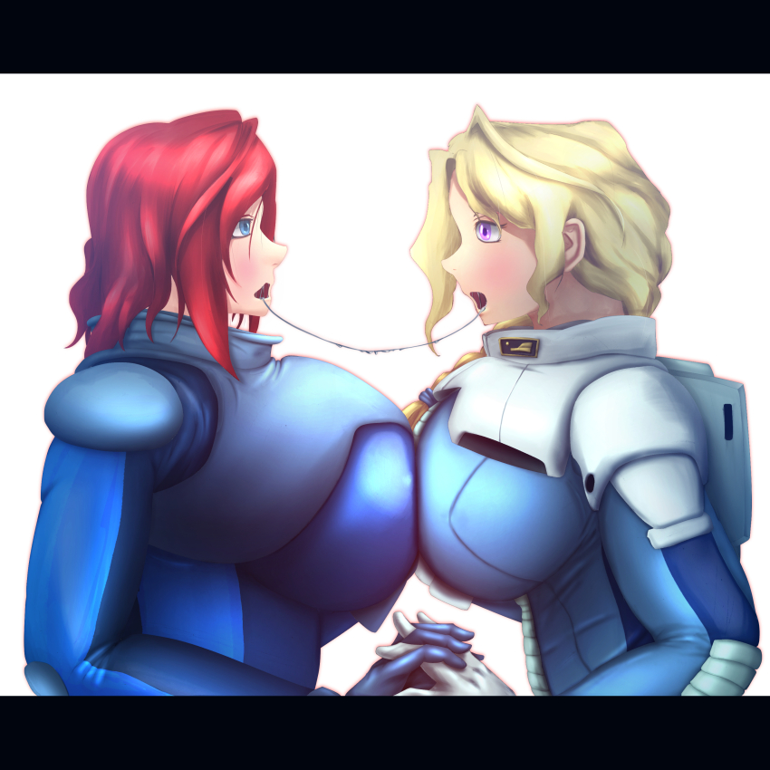 2girls absurdres annerose_rosenheim asymmetrical_docking blonde_hair blue_bodysuit blue_eyes blush bodysuit braid breast_press breasts chloe_croce curly_sidelocks dq9yy20zq00fa3r gloves gundam gundam_side_story:_missing_link highres huge_breasts long_hair mecha_pilot_suit medium_hair multiple_girls neo_zeon normal_suit_(gundam) open_mouth purple_eyes red_hair saliva saliva_trail spacesuit white_gloves yuri zeon