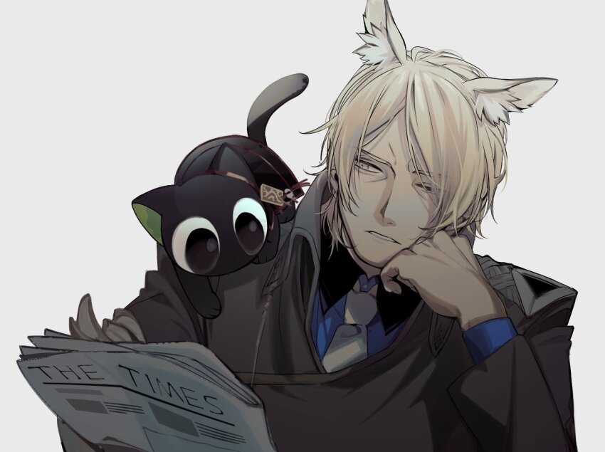 2boys animal animal_ear_fluff animal_ears animal_on_shoulder arknights arm_support black_cat black_suit blonde_hair blue_shirt cat formal_clothes frown heixiu holding holding_newspaper horse_boy horse_ears ieiieiiei long_sleeves looking_at_viewer luo_xiaohei_zhanji mlynar_(arknights) multiple_boys necktie newspaper o_o reading shirt short_hair simple_background suit upper_body white_background yellow_eyes yellow_necktie