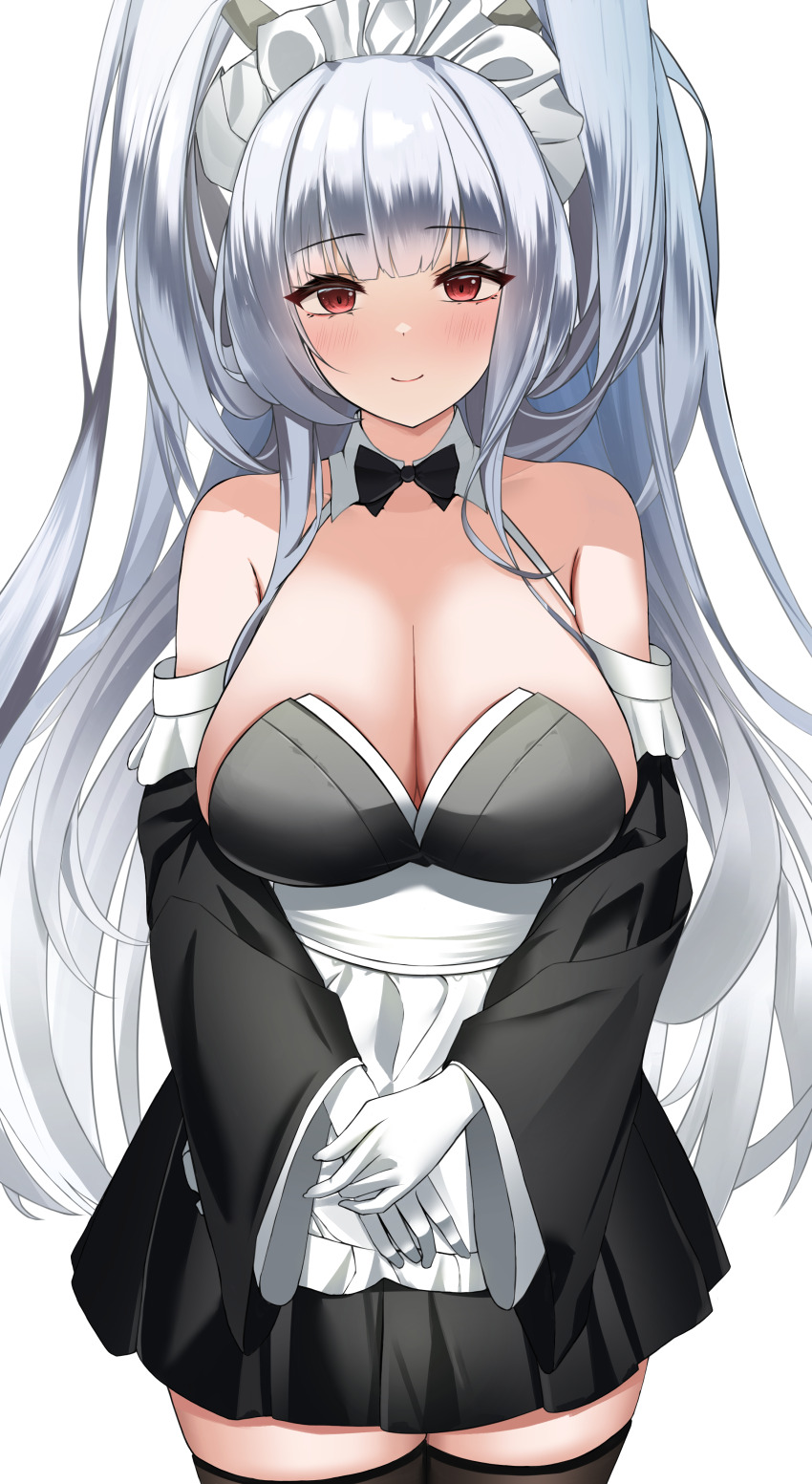 1girl absurdres apron azur_lane black_bow black_bowtie black_dress black_sleeves black_thighhighs blush bow bowtie breasts cleavage closed_mouth commentary commission cowboy_shot detached_collar detached_sleeves dragon_girl dragon_horns dress gloves hair_on_horn highres horns large_breasts layered_sleeves long_hair long_sleeves looking_at_viewer maid maid_headdress official_alternate_costume own_hands_together pixiv_commission red_eyes shimanto_(azur_lane) shimanto_(the_comfy_dragon_god)_(azur_lane) simple_background smile solo thighhighs white_apron white_background white_gloves white_hair wide_sleeves wynnblue zettai_ryouiki