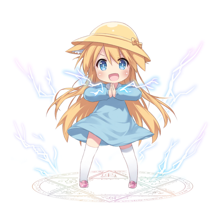 1girl animal_ear_fluff animal_ears blonde_hair blue_dress blue_eyes cat_ears character_request dress electricity full_body hat highres kindergarten_uniform legs_apart long_hair magic_circle open_mouth original own_hands_together pink_shoes school_hat shoes simple_background smile solo standing standing_on_magic_circle tamase_tama thighhighs virtual_youtuber white_background white_thighhighs yellow_hat