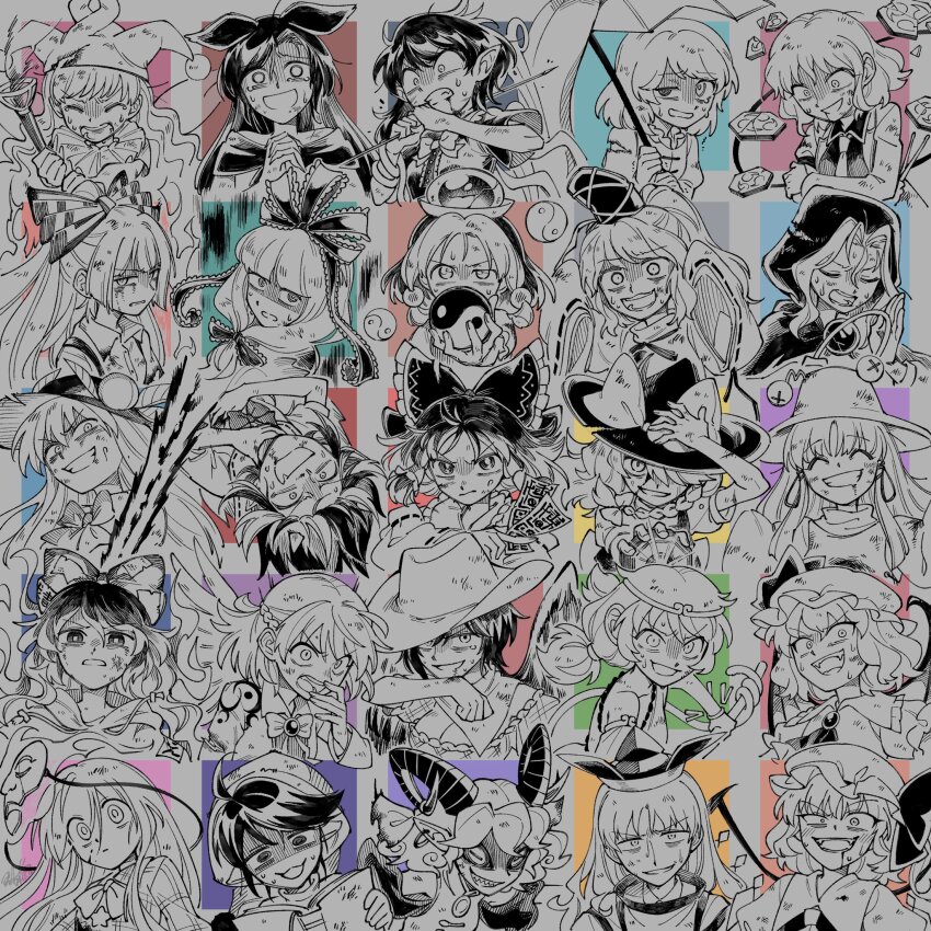 6+girls :d ^_^ ahoge animal_ears ascot bat_wings blood blood_from_mouth book bow bowtie braid brooch bruise circlet clenched_teeth closed_eyes clownpiece commentary_request constricted_pupils covering_own_mouth cowboy_hat crazy_eyes crossed_arms crying crying_with_eyes_open cuts doremy_sweet drumsticks expression_chart fang fire flandre_scarlet frilled_bow frills front_ponytail fujiwara_no_mokou goat_horns greyscale_with_colored_background grin hair_bow hair_ribbon hakurei_reimu hands_up hat hat_ribbon hata_no_kokoro heterochromia highres hinanawi_tenshi holding holding_book holding_drumsticks holding_orb holding_torch holding_umbrella hood hood_up horikawa_raiko horns houjuu_nue imaizumi_kagerou injury jester_cap jewelry kagiyama_hina kaku_seiga kirisame_marisa kishin_sagume kumoi_ichirin kurokoma_saki long_hair long_sleeves looking_at_viewer low_twintails mask matara_okina medium_hair mini-hakkero mob_cap monkey_tail monochrome mononobe_no_futo moriya_suwako multiple_girls neck_ruff nervous_sweating nightcap open_mouth orb own_hands_clasped own_hands_together parted_lips pointy_ears remilia_scarlet ribbon scarf shaded_face shards sharp_teeth shikido_(khf) shirt short_hair single_braid sleeves_past_fingers sleeves_past_wrists smile son_biten sweat sweatdrop tail tamatsukuri_misumaru tatara_kogasa tate_eboshi tears teeth torch torn_clothes torn_hat touhou toutetsu_yuuma turtleneck twintails umbrella upside-down v-shaped_eyebrows wings witch_hat wolf_ears wolf_girl yin_yang yin_yang_orb yorigami_shion