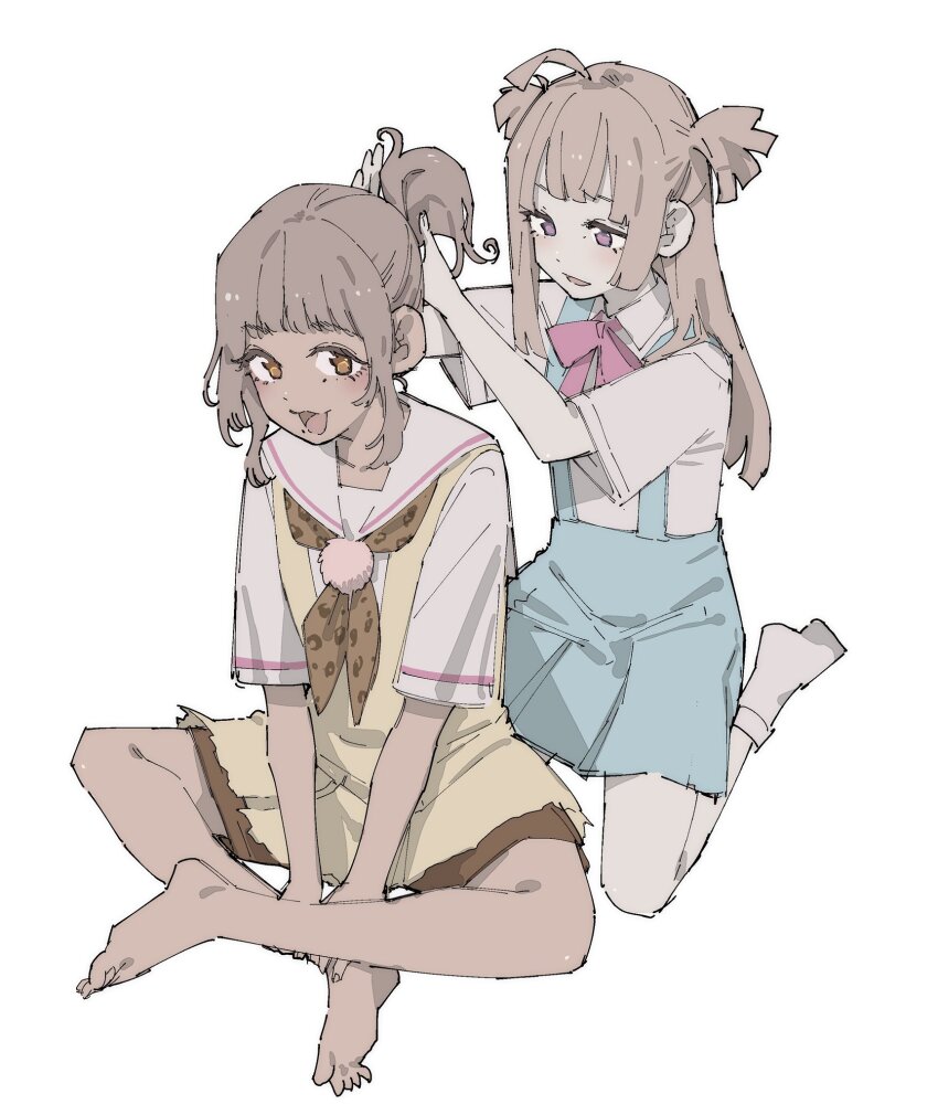 :d ahoge barefoot blunt_bangs blunt_ends brown_hair brown_neckerchief collared_shirt commentary_request crossed_ankles dark-skinned_female dark_skin dress hairdressing highres holding_another&#039;s_hair kemura_(puripurinea) kishimen_hair kneeling long_hair looking_at_another mole mole_under_eye mole_under_mouth neckerchief open_mouth paprika_private_academy_school_uniform pink_ribbon pretty_series pripara purple_eyes ribbon school_uniform shirt short_hair short_sleeves smile taiyo_pepper tsukikawa_chili tsukikawa_chili_(normal) two_side_up tying_hair white_shirt yellow_dress