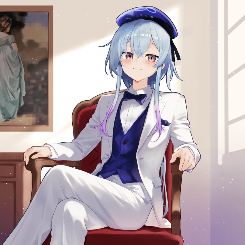 1boy absurdres arknights beret blazer blue_hair blush bow bowtie buttons chair closed_mouth collared_shirt commentary crossed_legs day dr.lamina dress_pants feet_out_of_frame formal_clothes hair_between_eyes hat highres indoors jacket lapels light_particles long_hair long_sleeves looking_at_viewer male_focus mizuki_(arknights) multicolored_hair on_chair painting_(object) pants picture_frame pink_eyes pink_hair purple_bow purple_bowtie purple_hat purple_vest shirt sitting smile solo streaked_hair symbol-only_commentary traditional_bowtie vest waistcoat white_jacket white_pants white_shirt